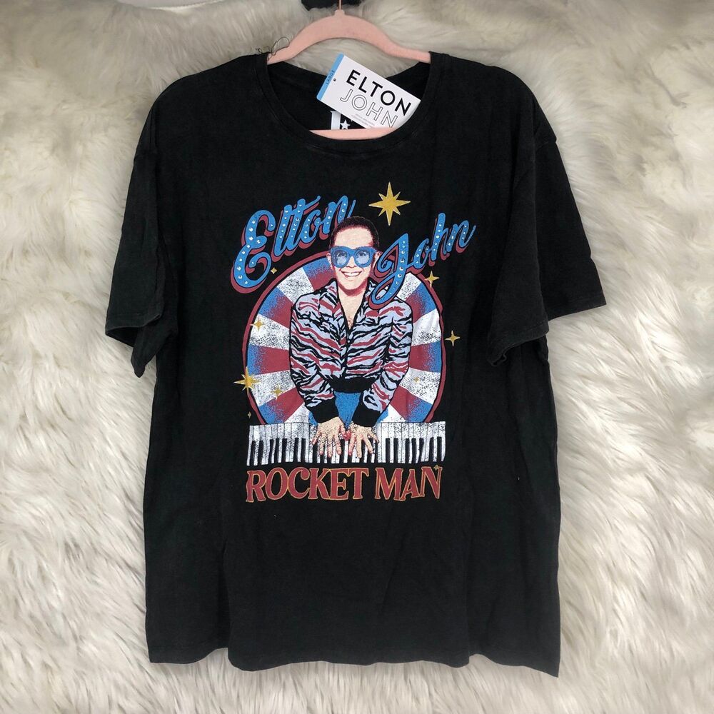 NWT Elton John Rocket Man Graphic T-Shirt, Dark Washout Black, Unisex, SZ L
